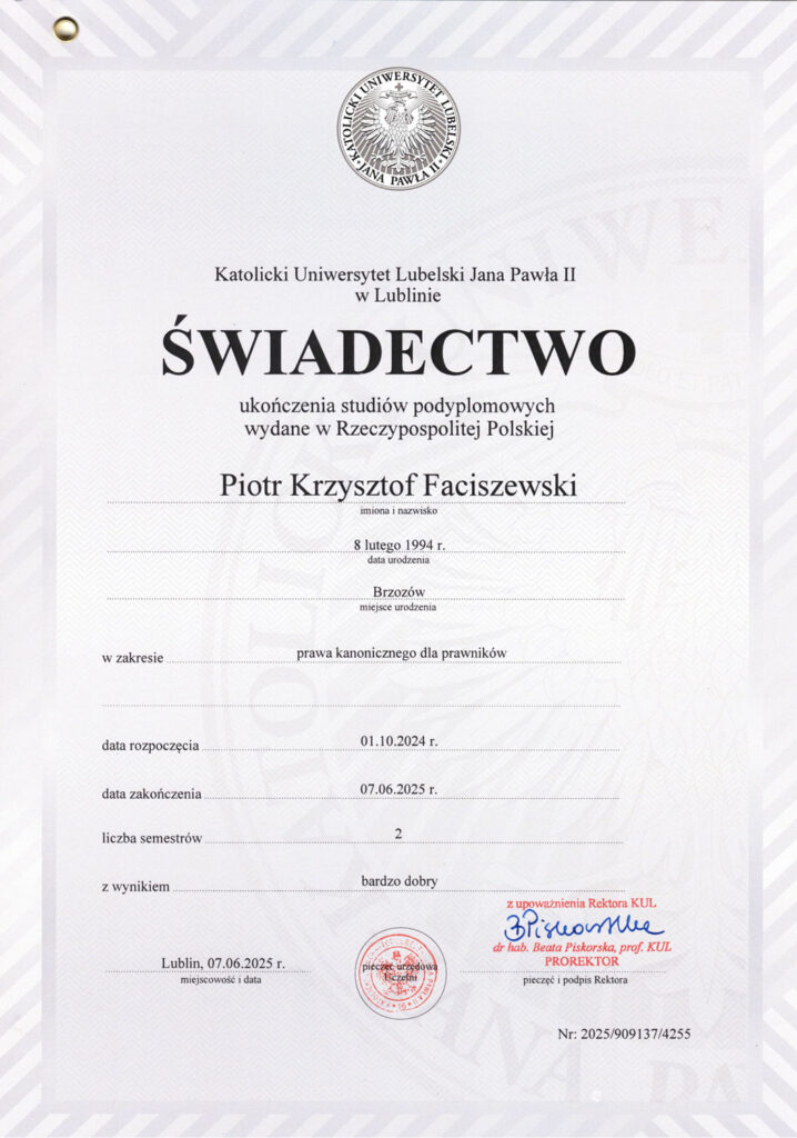 Świadectwo ukończenia studiów podyplomowych KUL